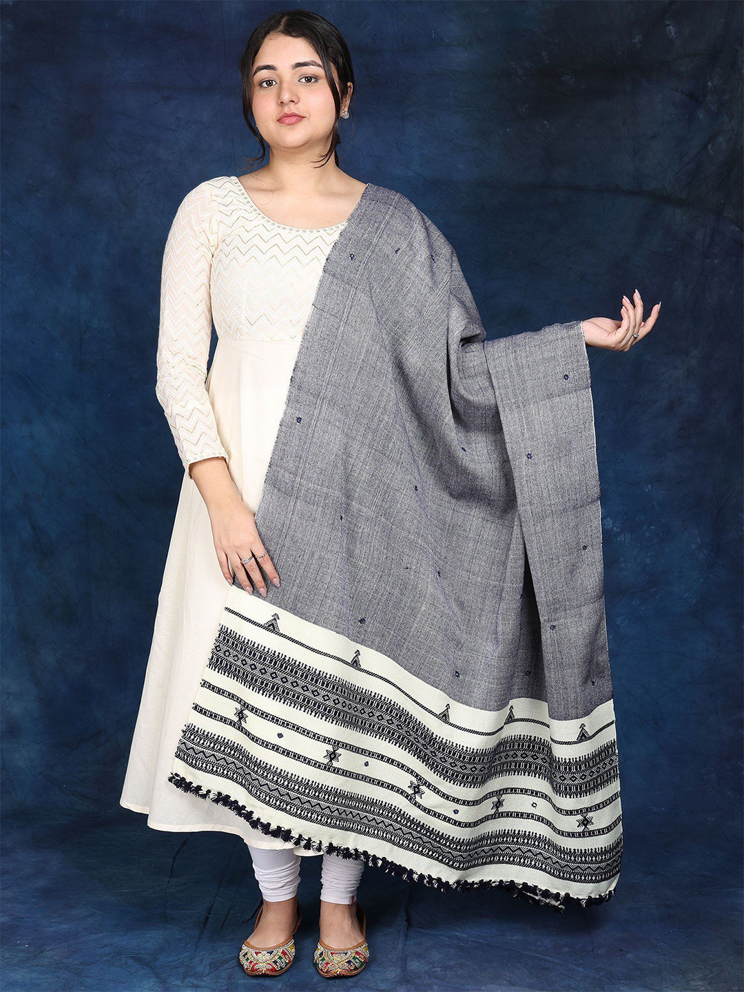 Exotic India Woolen Shawl From Kutch with Embroidered Flowers And Mirrors