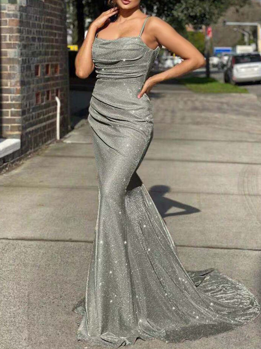 bebe Silver Sparkle Ruched Bust Low Back Mermaid Gown