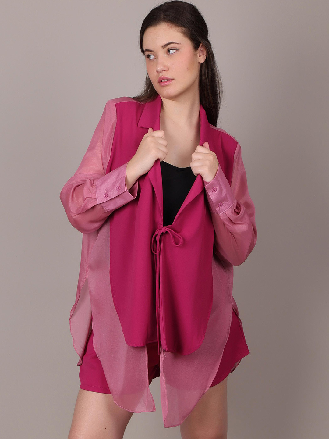 iki chic Notched Lapel Collar Top & Shorts