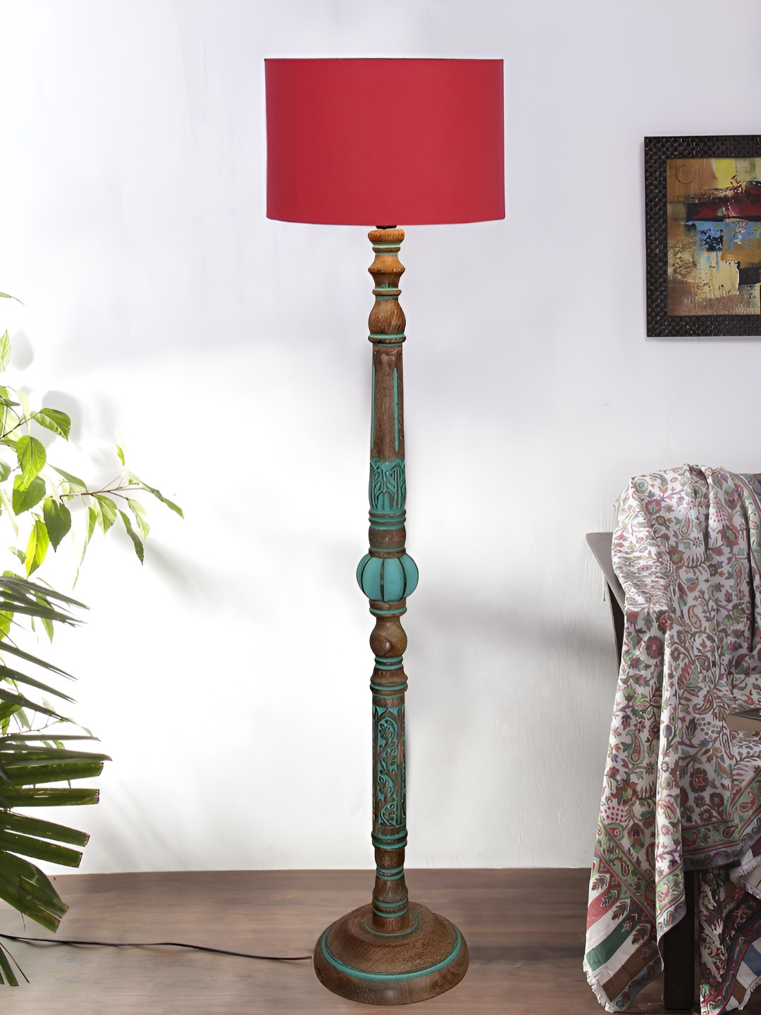Devansh Orange Colored & Brown Cotton Drum Shade Wood Base Floor Lamps