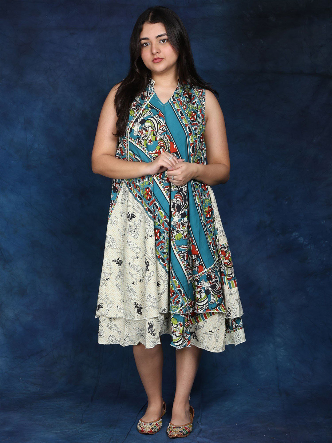 Exotic India Floral Printed Motifs A-Line Sleeveless Midi Dress with Double Layer