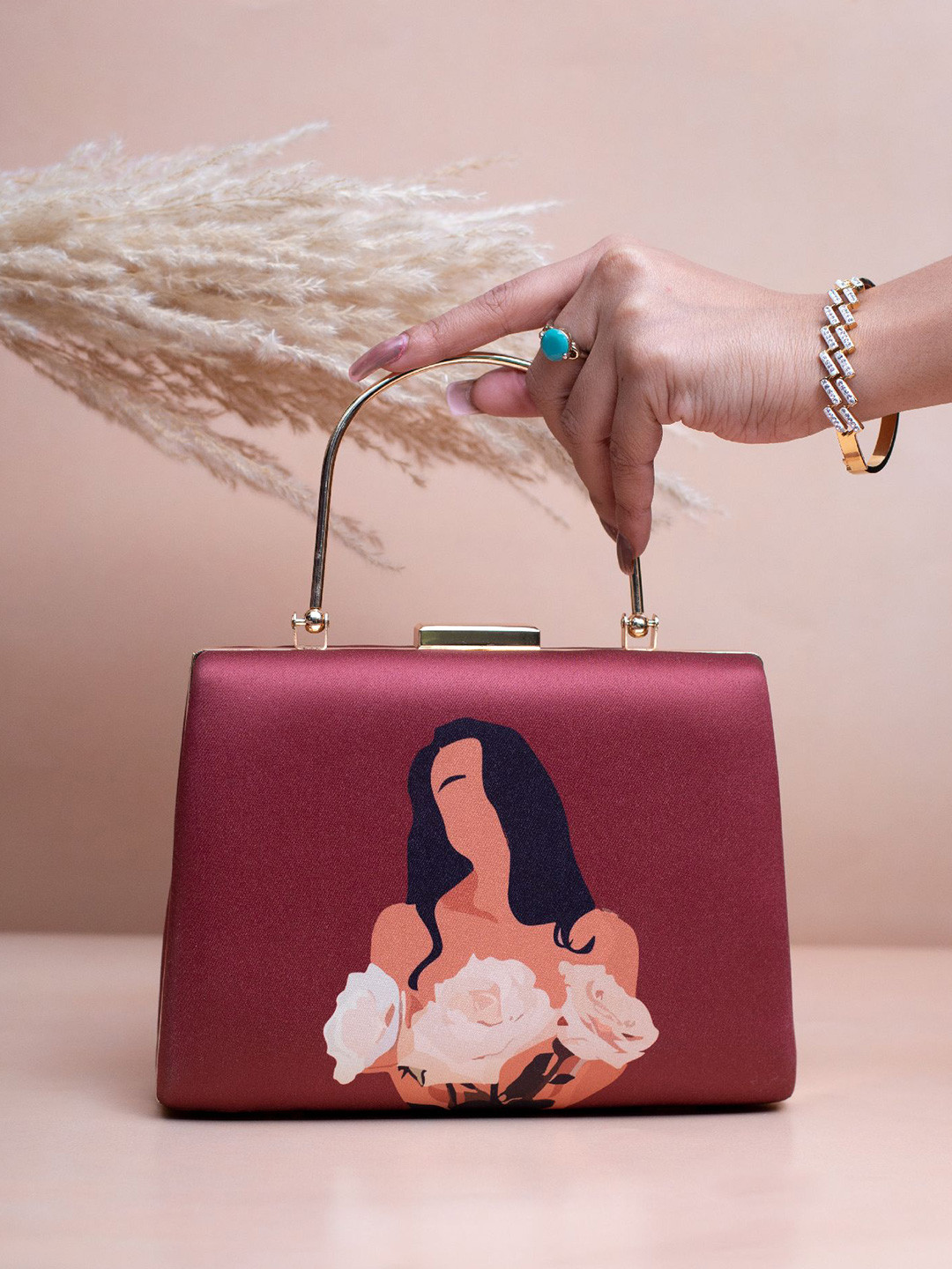 ARTKLIM Floral Girl Portrait Printed Box Clutch