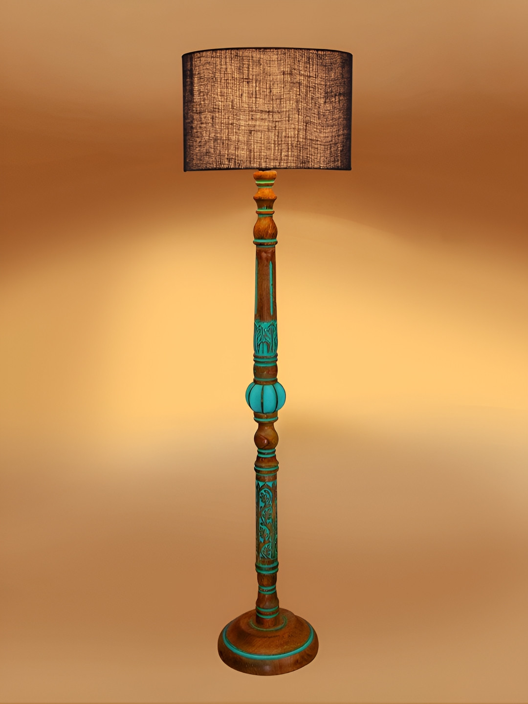 Devansh Black & Turquoise Blue Abstract Shaped Floor Lamp With Wooden Base