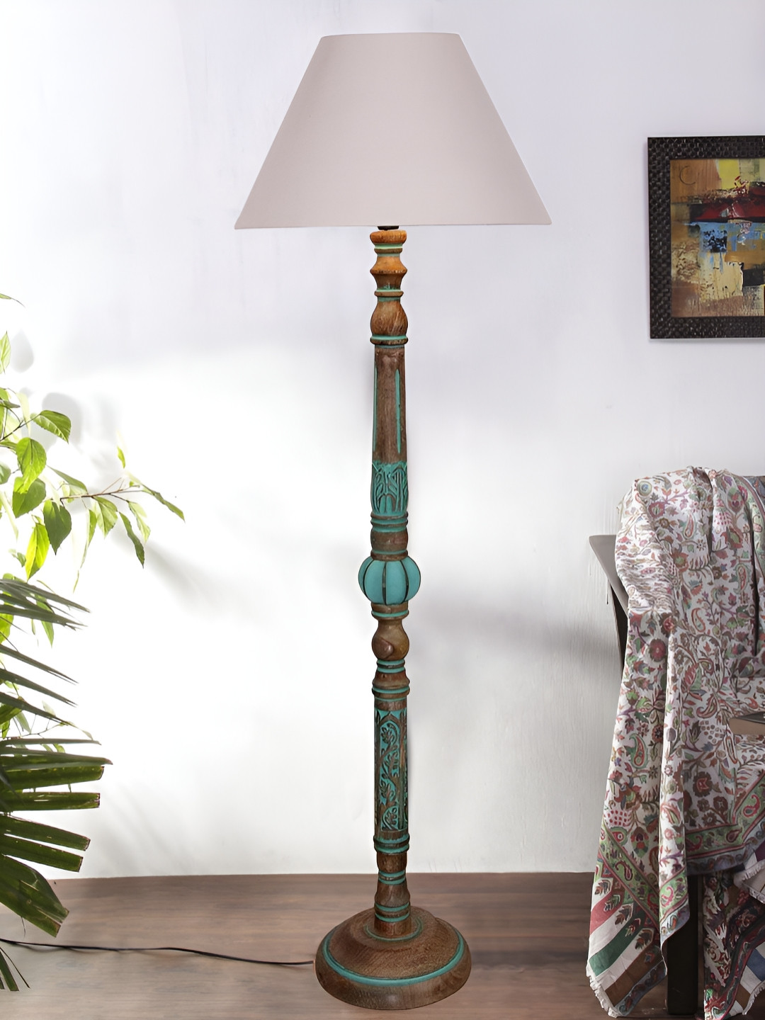 Devansh White & Blue Frustum Shaped Traditional Wooden Floor Lamp