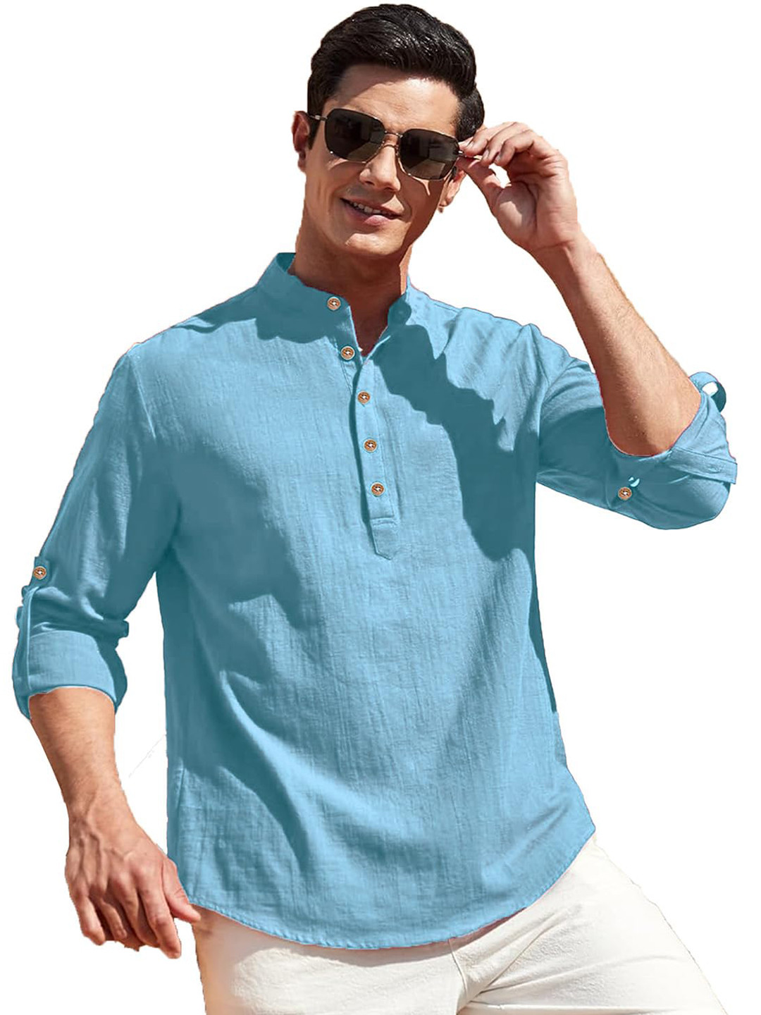 TrendiVastra Band Collar Roll-Up Sleeves Cotton Slim Fit Short Kurta