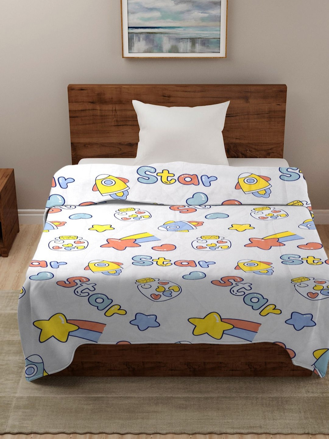 HOSTA HOMES White & Green Cartoon Printed Reversible AC Room 210 GSM Single Bed Comforter