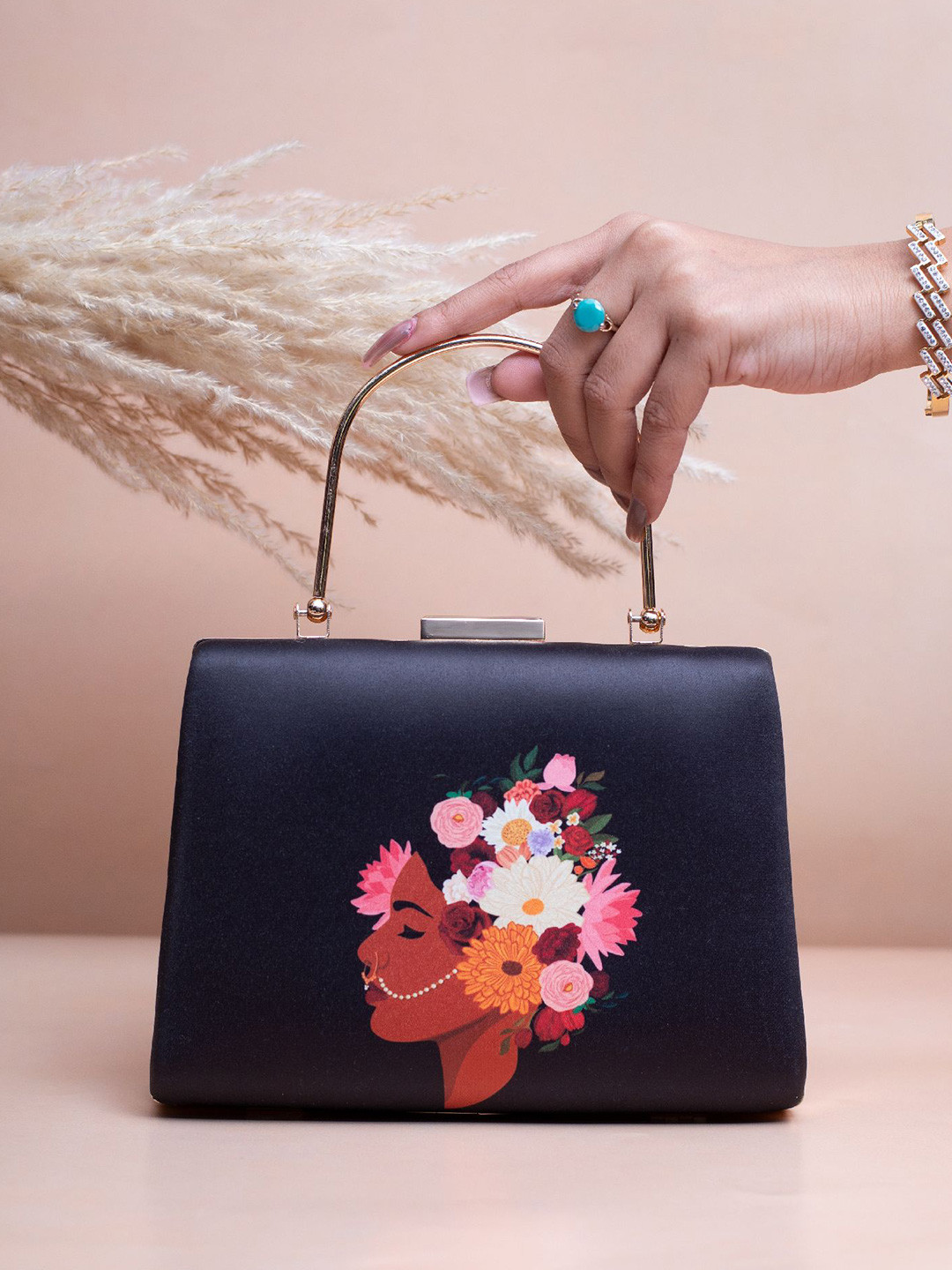 ARTKLIM Floral Lady Portrait Printed Box Clutch