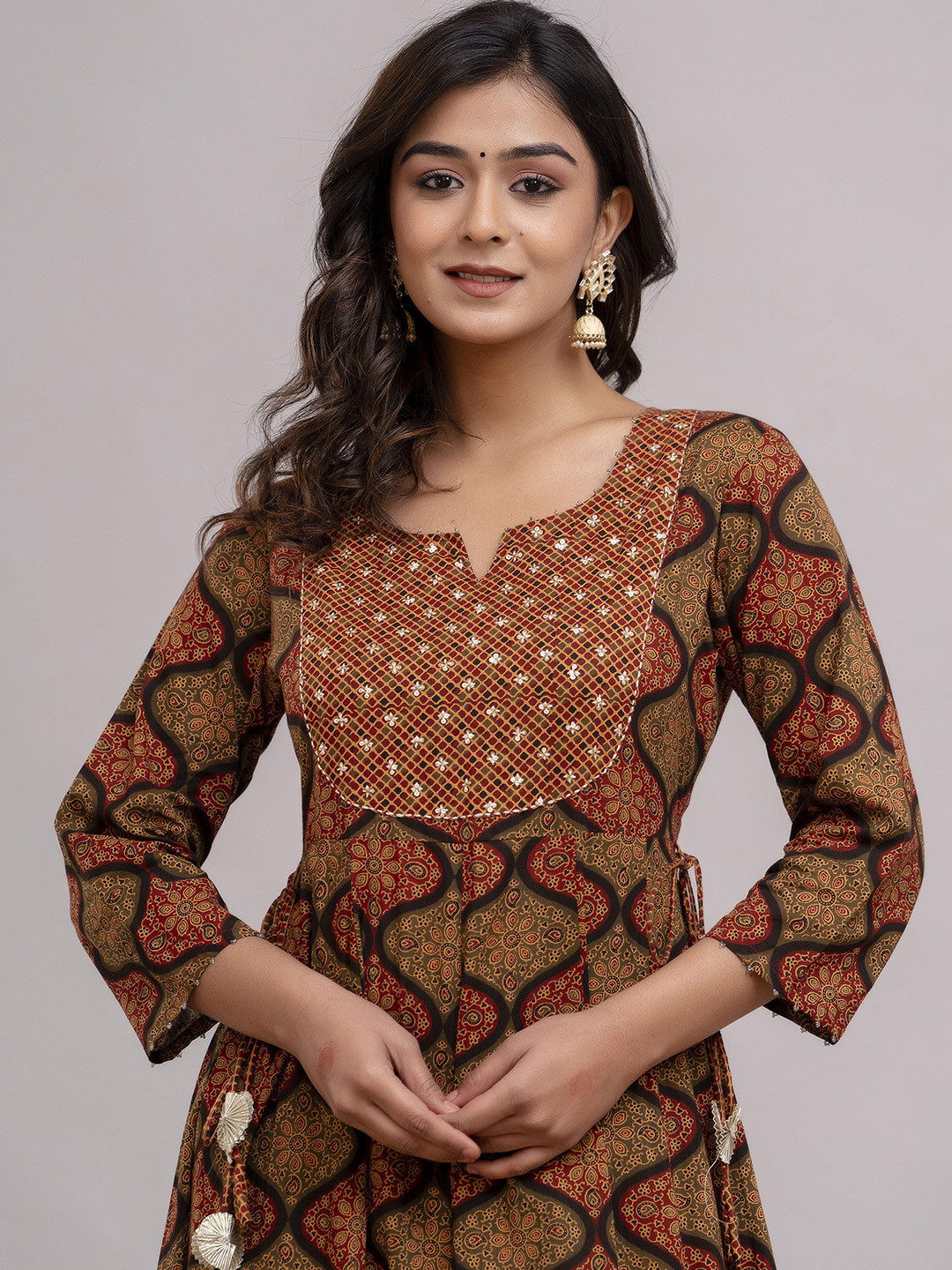 Jaipurite Ethnic Motifs Printed Notch Neck Fit And FlareCotton Ethnic Dress