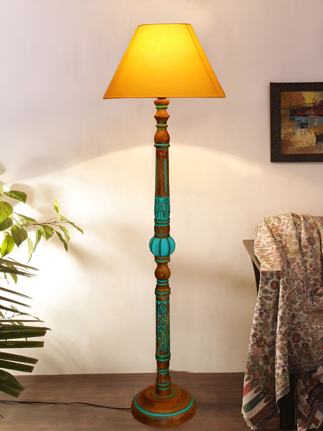 Devansh Yellow & Turquoise Blue Frustum Shaped Traditional Wooden Floor Lamp