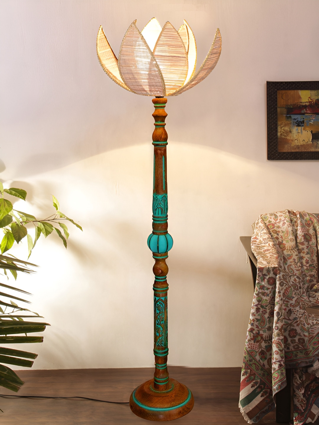 Devansh Beige & Blue Flower Shaped Wooden Traditional Floor Lamp