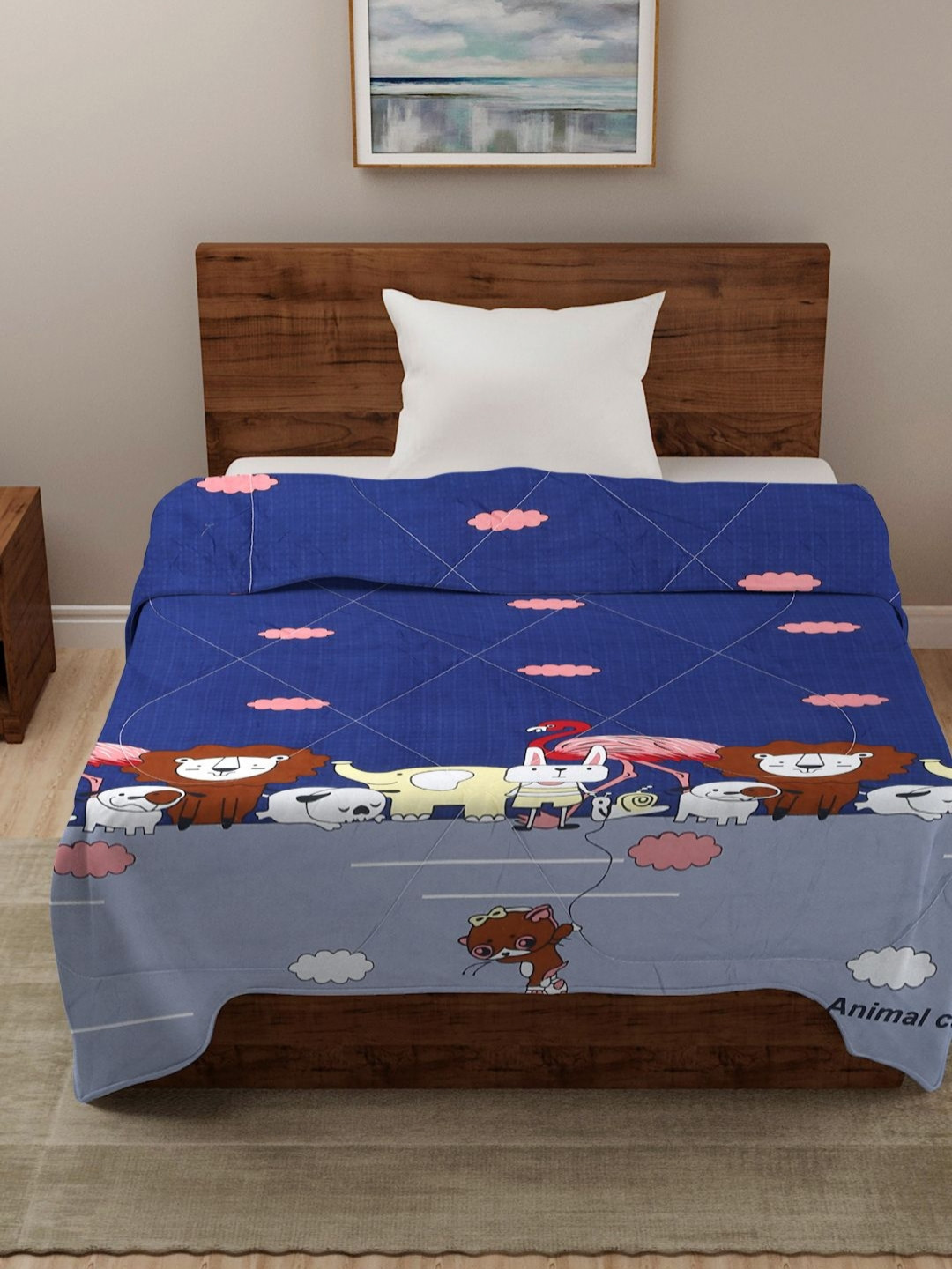 HOSTA HOMES Blue & Pink Cartoon Characters AC Room 210 GSM Reversible Single Bed Comforter