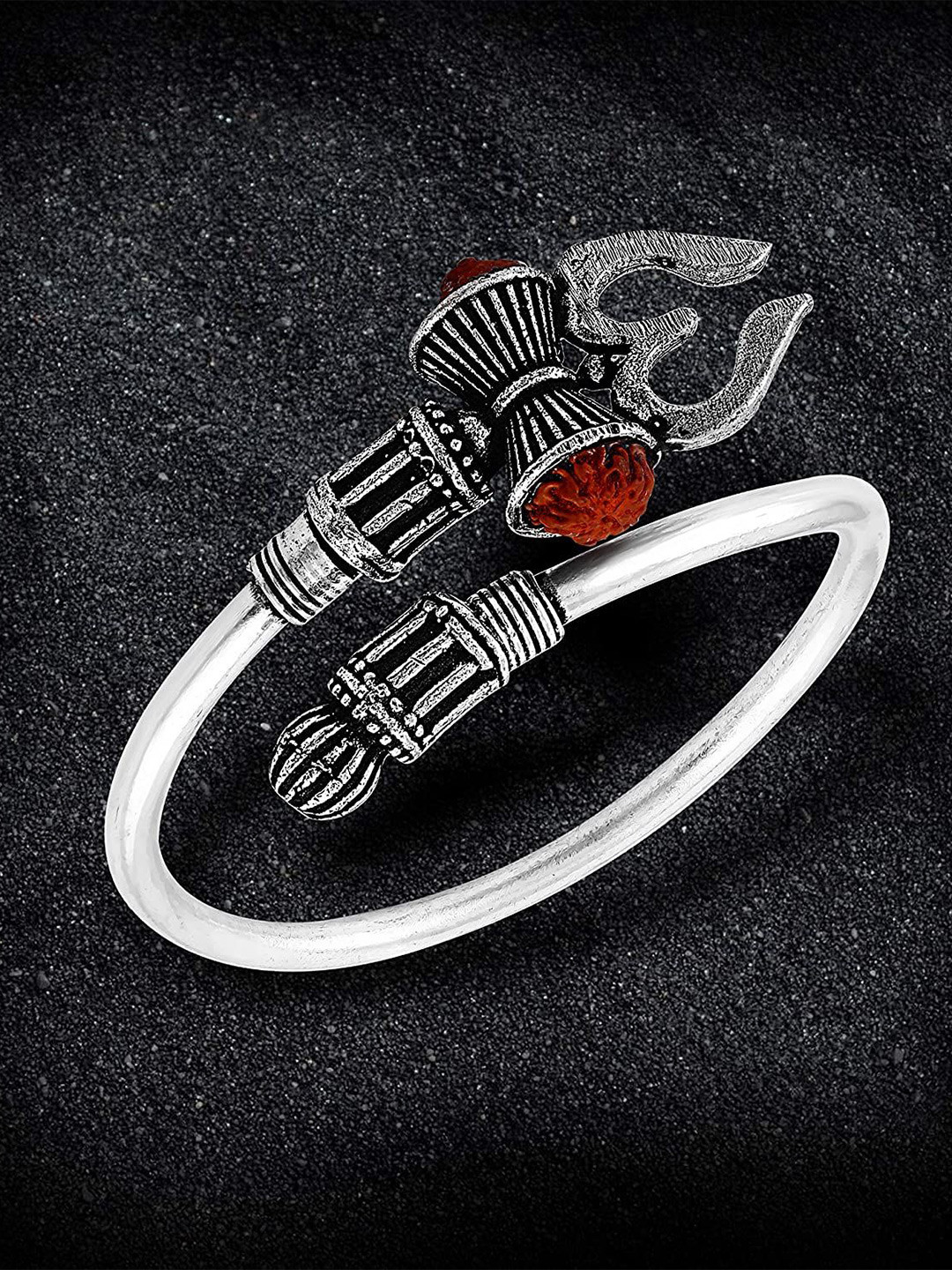 Adhvik Silver-Plated Rudraksha Shiva Trishul Damroo Design Oxidised Cuff Bracelet