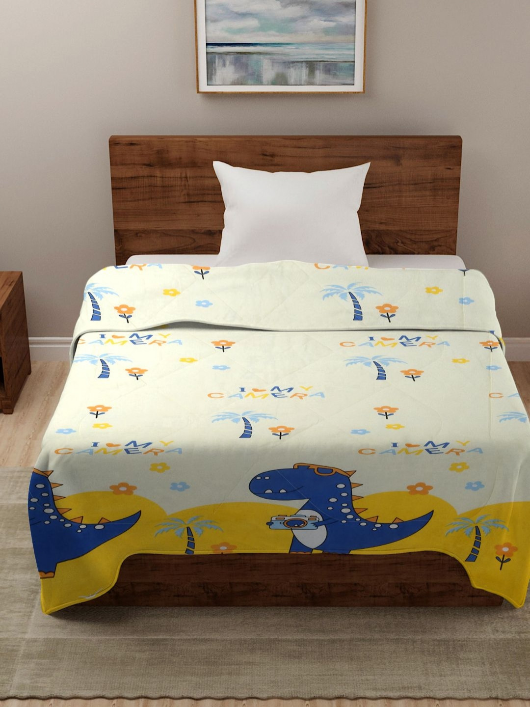 HOSTA HOMES Yellow Cartoon Printed Reversible AC Room 210 GSM Single Bed Comforter