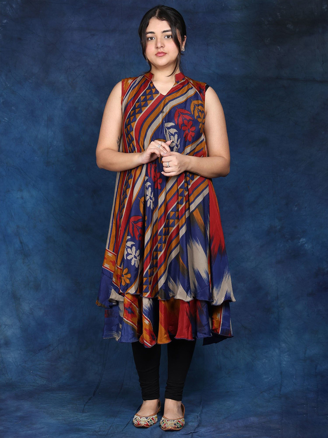 Exotic India Women Double Layer Sleeveless Midi Dress with Printed Motifs