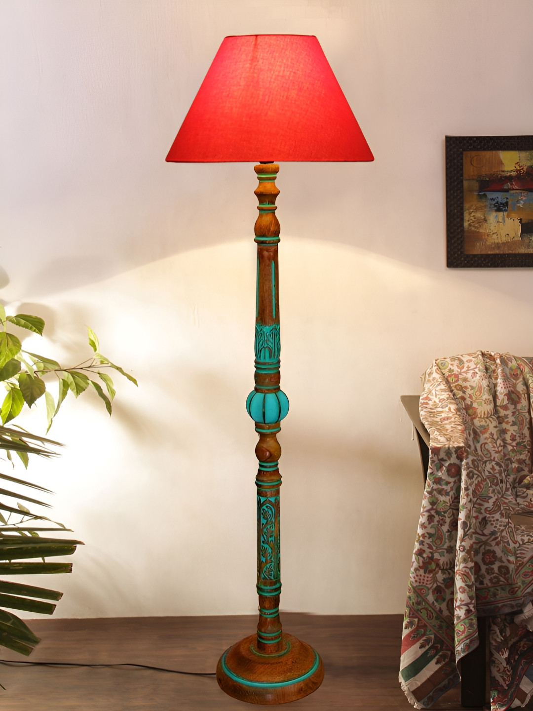 Devansh Orange & Turquoise Blue Frustum Shaped Traditional Wooden Floor Lamp