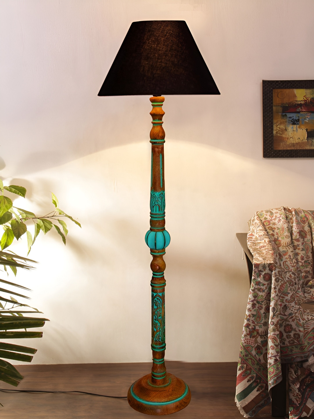 Devansh Black & Blue Frustum Shaped Wooden Traditional Floor Lamp