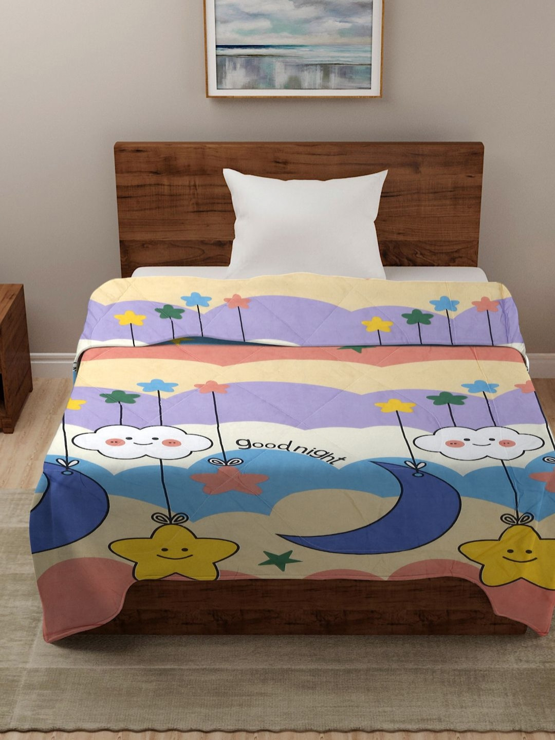 HOSTA HOMES White & Blue Cartoon Characters AC Room 210 GSM Single Bed Comforter