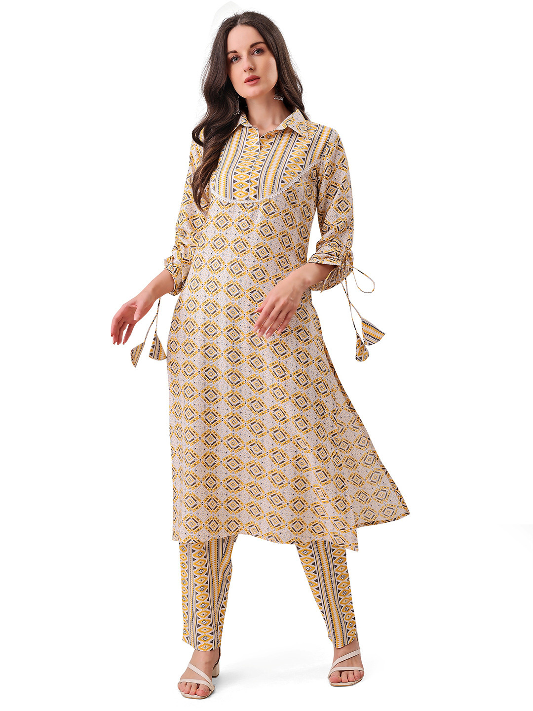 FAB GALAXY Geometric Printed Shirt Collar Straight Thread Work Kurta With Trousers