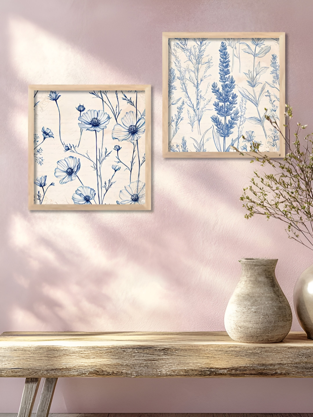 Kotart Blue & White 2 Pieces Wooden Floral Wall Paintings