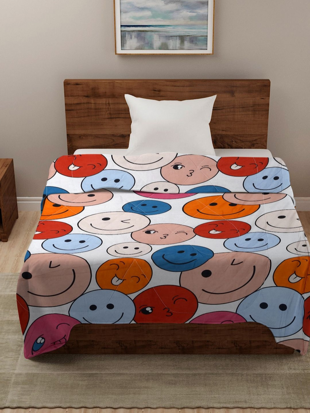 HOSTA HOMES White Cartoon Printed Reversible AC Room 210 GSM Single Bed Comforter