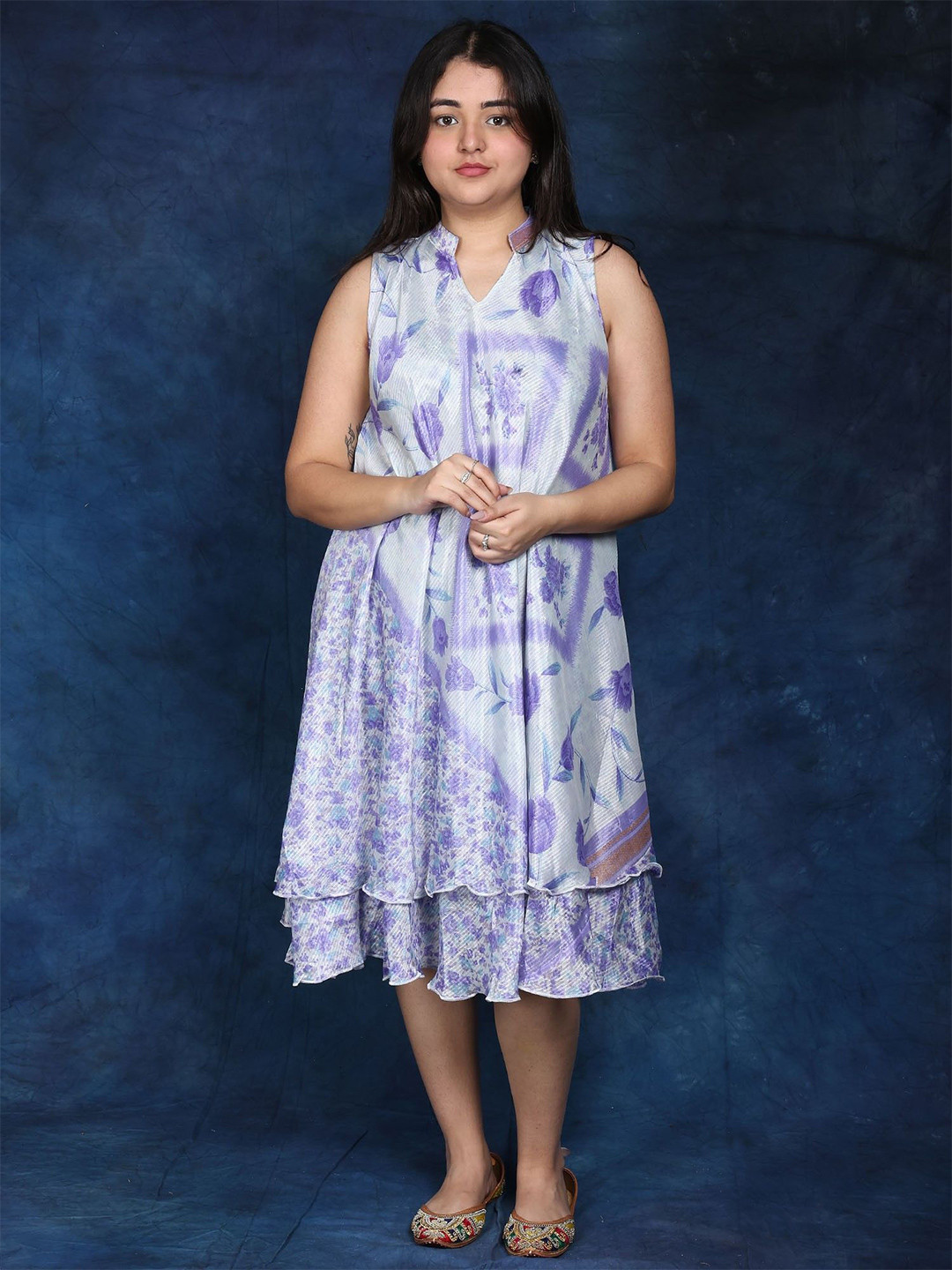 Exotic India Women Floral-White Double Layer Sleeveless Midi Dress with Printed Motifs