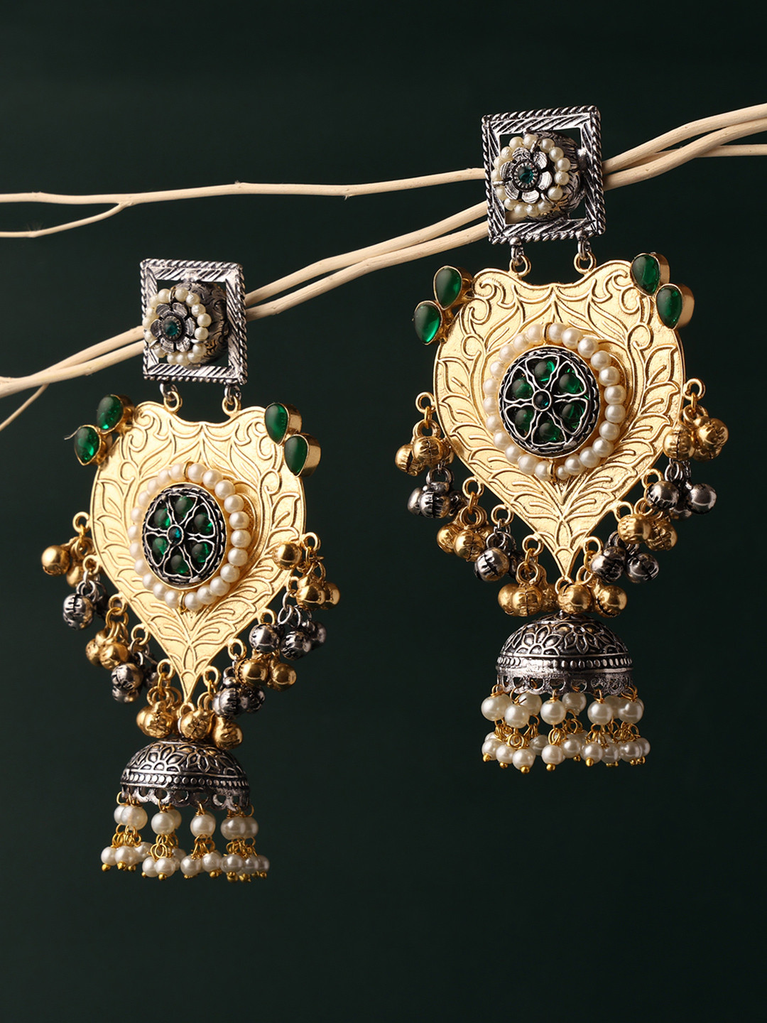 PATOLA BY VJ Gold-Plated Stones Studded & Beaded Anti Tarnish Dome Shaped Jhumkas