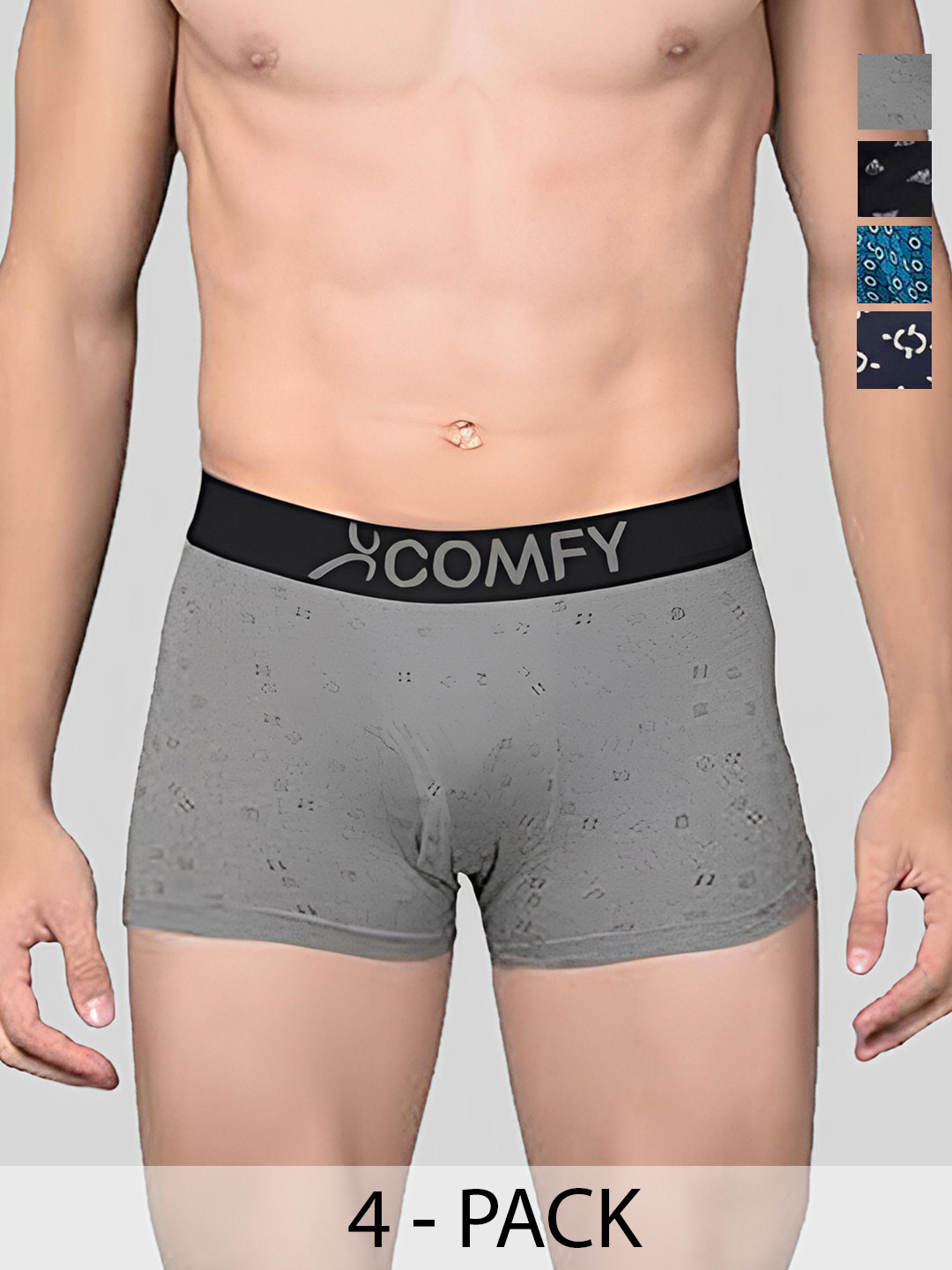 AMUL COMFY Men Pack Of 4 Printed Breathable Trunks-ACM101BTRNK-BL-GY-BK-PB-105-PO4