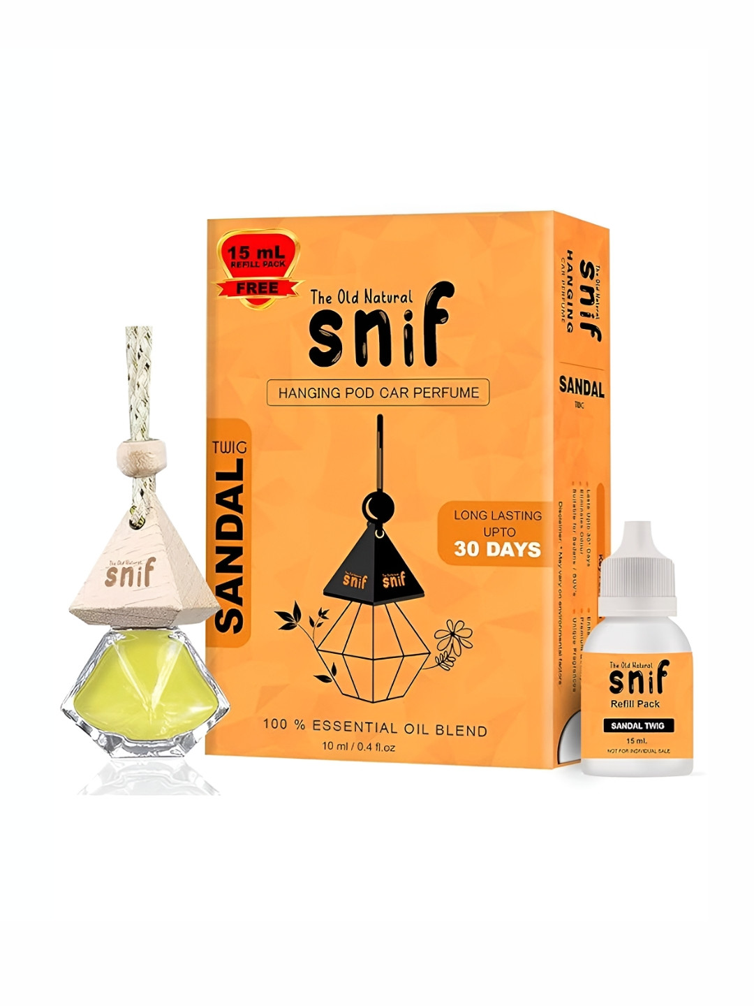 The Old Natural Snif Diamond Sandal Twig Hanging Car Air Freshener & Refill Pack-10ml+15ml