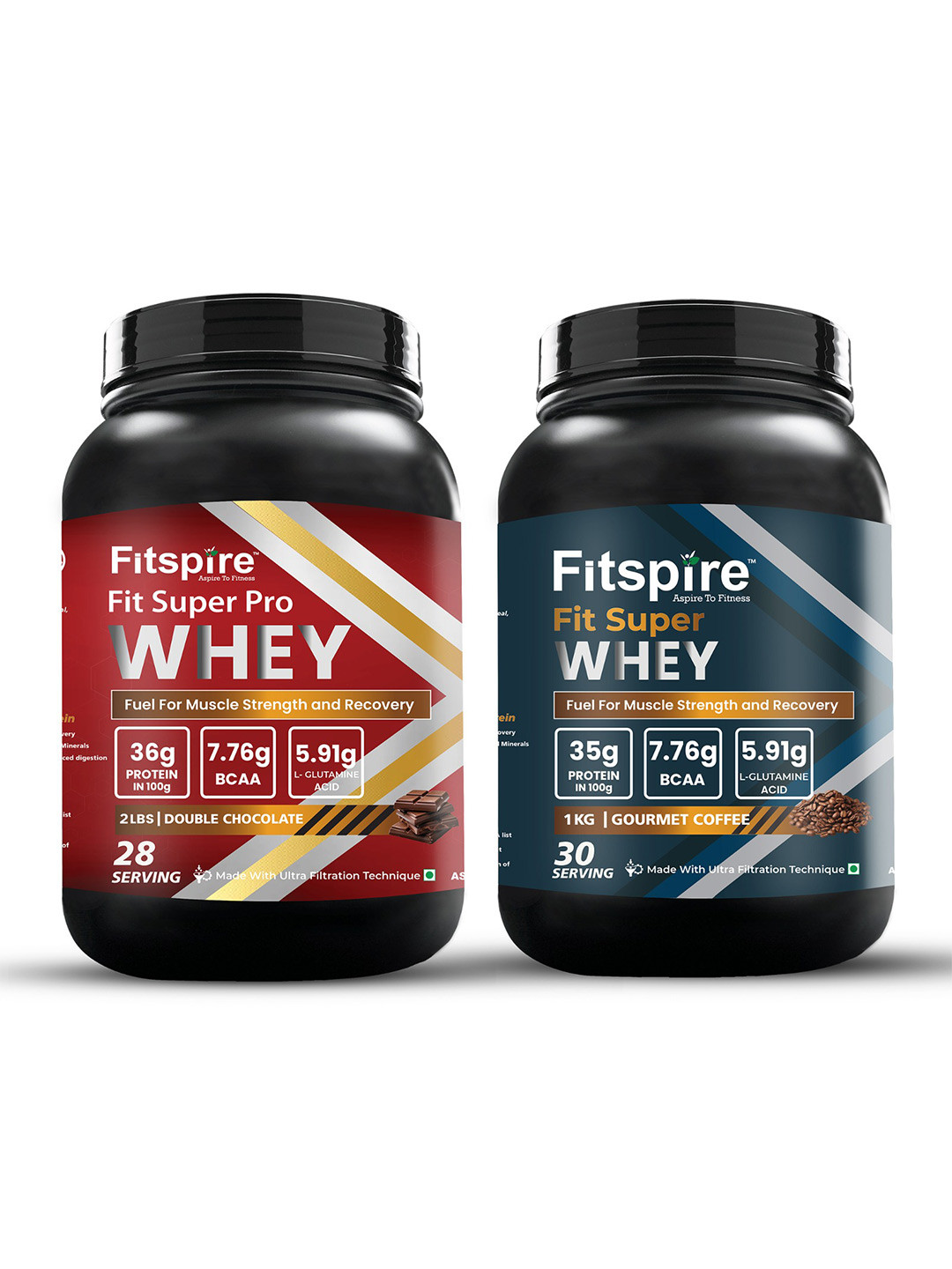 FITSPIRE Set Of 2 Fit Super Pro Whey Protein Double Chocolate  907 g - Gourmet Coffee 1 Kg