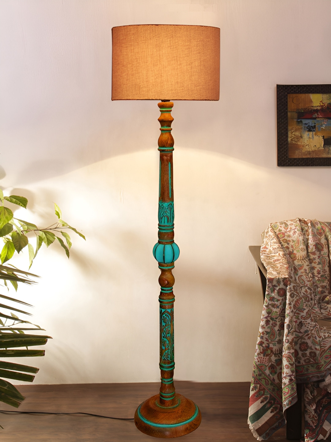Devansh Beige & Blue Floor Cylinder Shaped Wooden Traditional Floor Lamp
