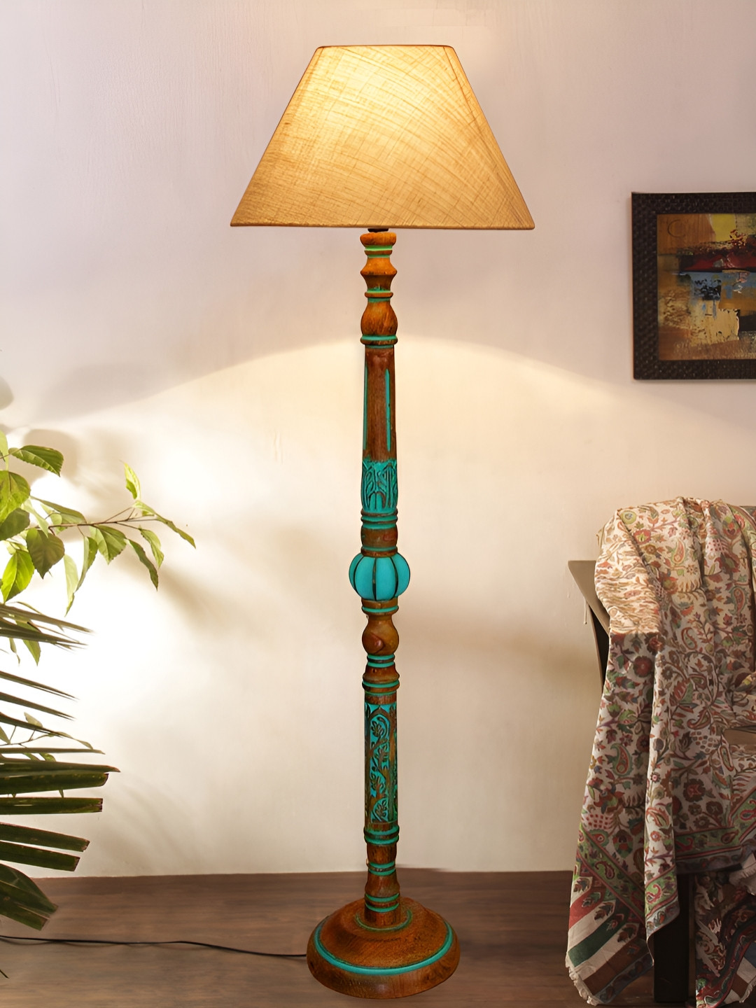 Devansh White & Turquoise Blue Frustum Shaped Traditional Wooden Floor Lamp