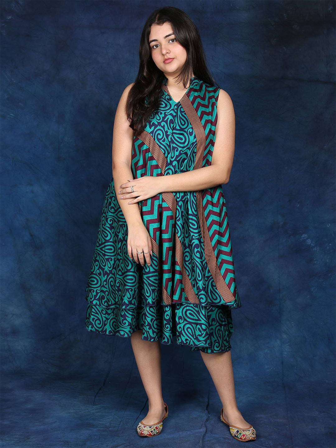 Exotic India Double Layer Sleeveless Midi Dress with Silk Viscose Printed Motifs