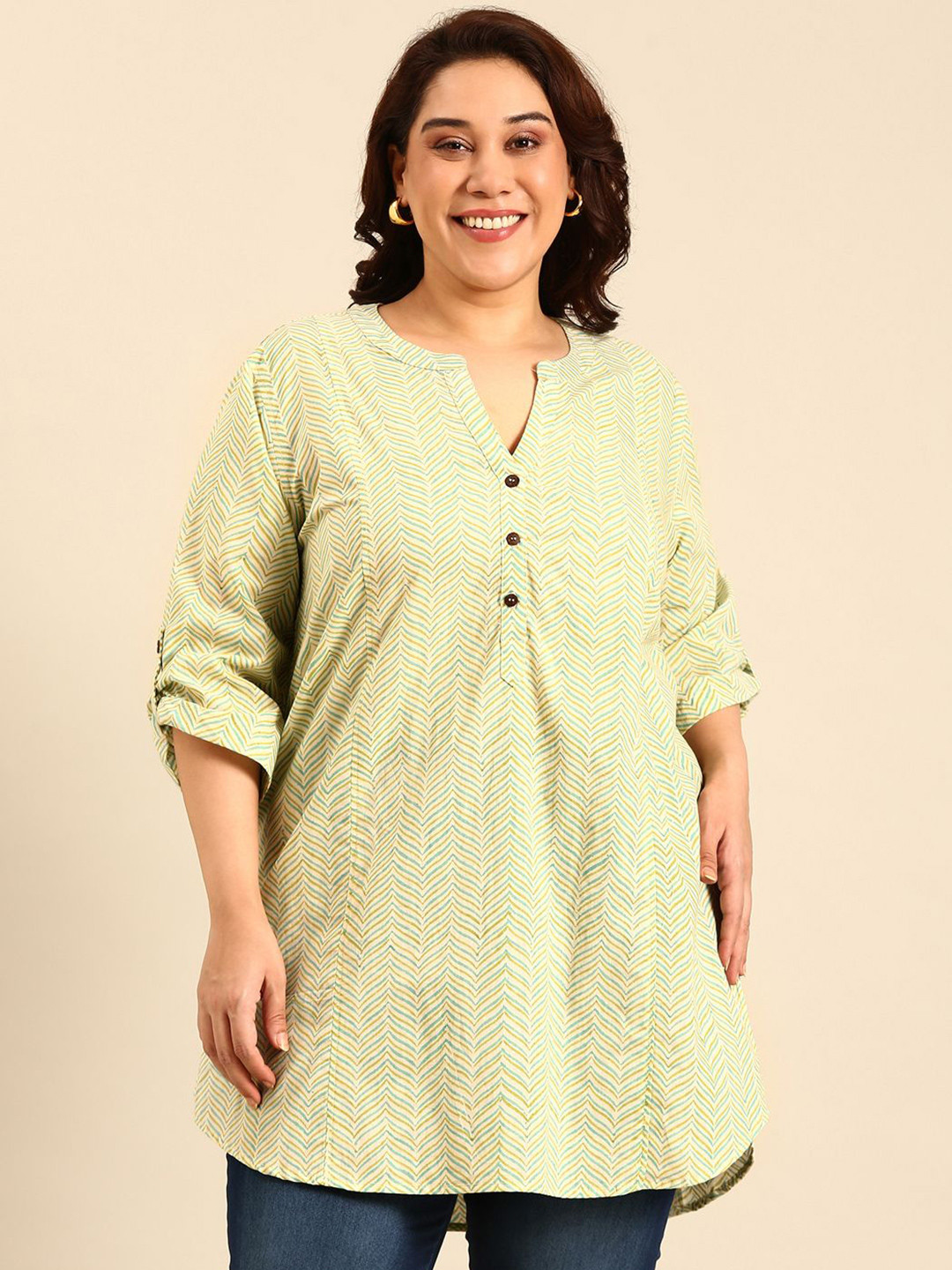 The Pink Moon Women Mandarin Collar Printed Cotton Tunic