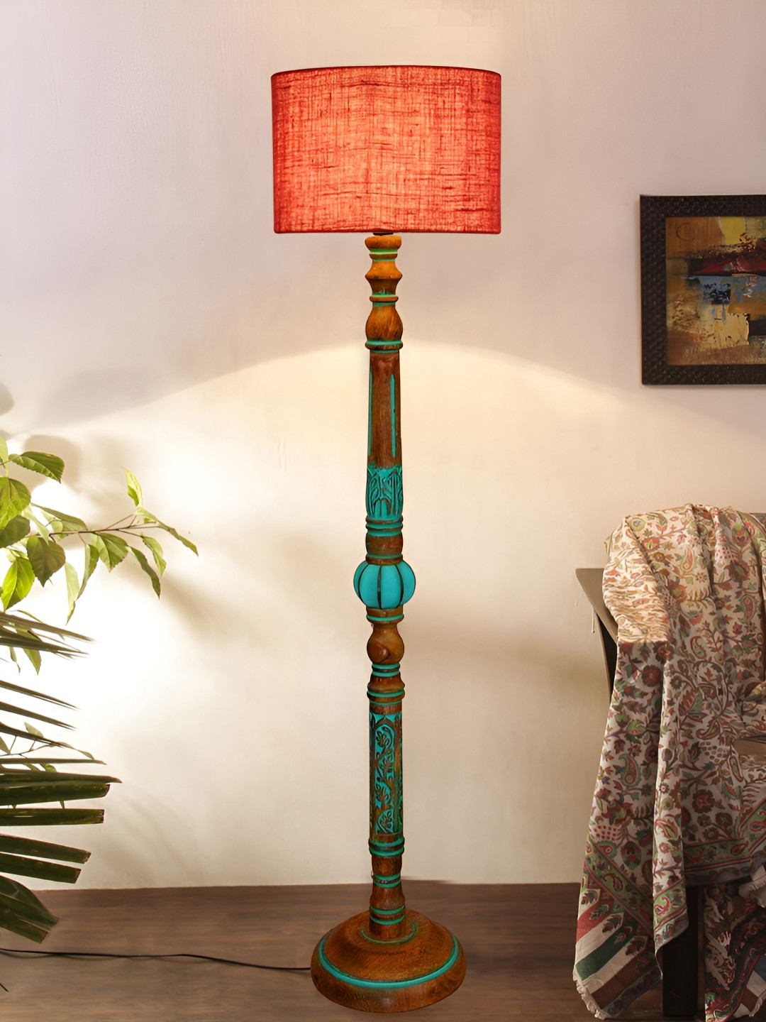 Devansh Pink & Blue Floor Cylinder Shaped Wooden Traditional Floor Lamp