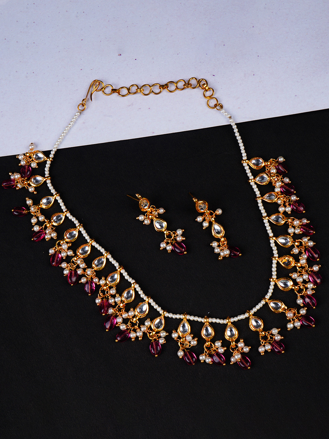 Bamboo Tree Jewels Ruby & Kundan Stone Studded & Pearl Beaded Jewellery Set
