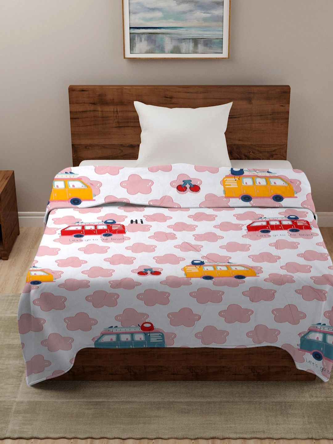 HOSTA HOMES White Cartoon Printed Reversible AC Room 210 GSM Single Bed Comforter