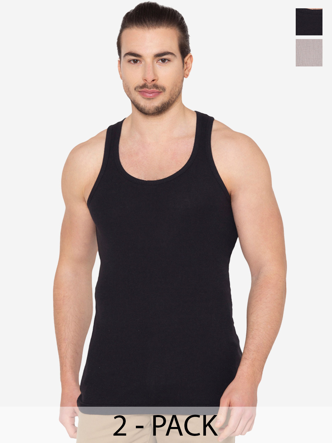 GROVERSONS Paris Beauty Pack Of 2 Cotton Ribbed Basic Vests - RIB-VEST-GREY-BLACK-S-PO2