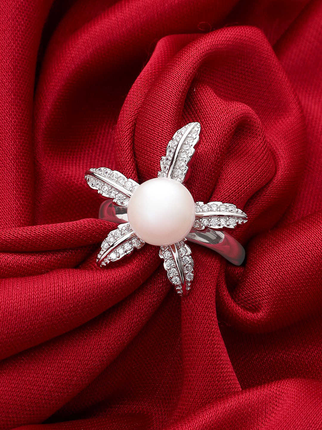 DIAVO 925 Sterling Silver Lily Bloom Rhodium-Plated Pearl Studded Finger Ring