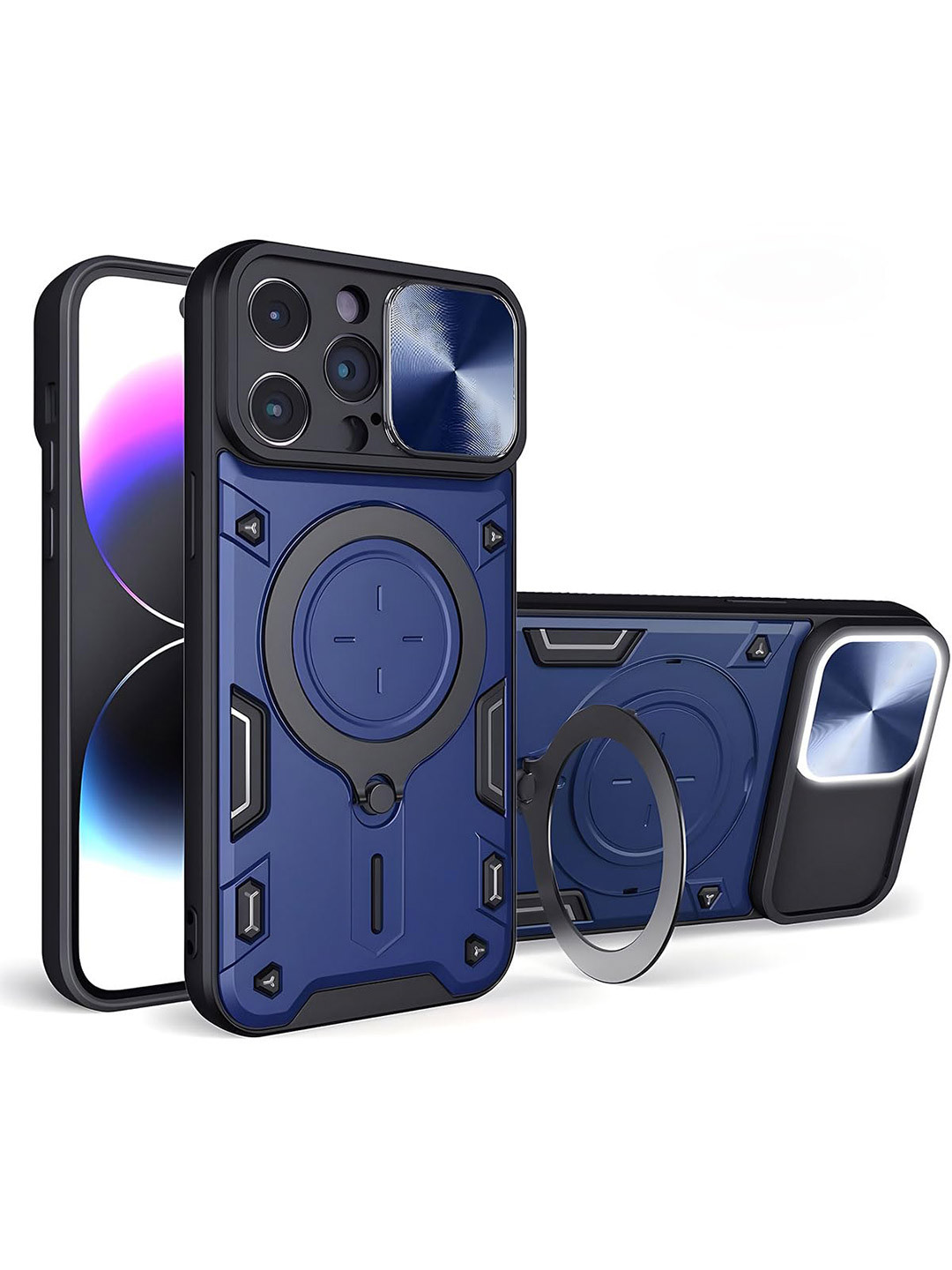 LIRAMARK Solid iPhone 15 Pro Max Back Case with Stand & Slider Camera Military