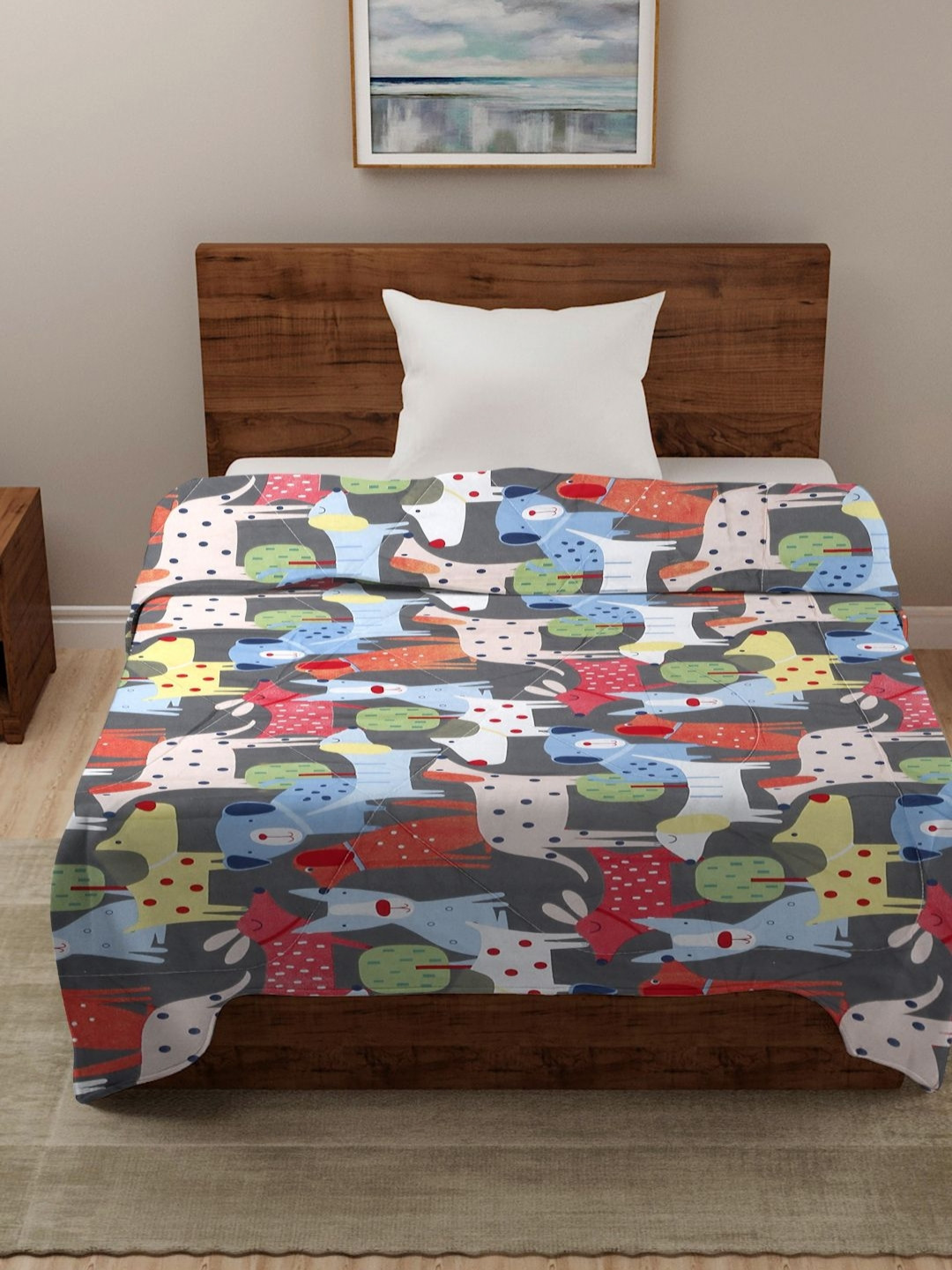 HOSTA HOMES Blue & White Cartoon Characters AC Room 210 GSM Single Bed Comforter