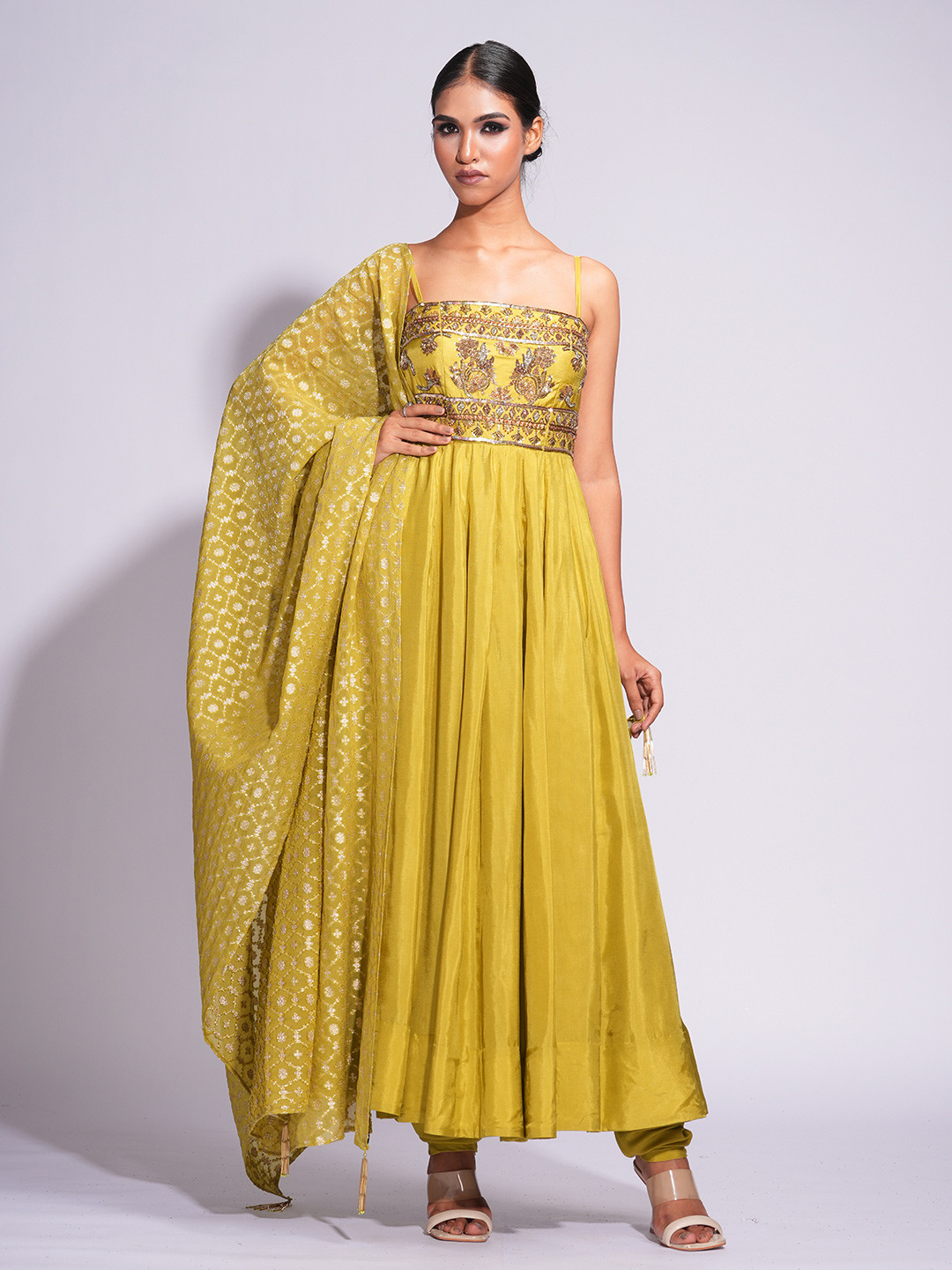 Shruti S Floral Yoke Design Empire Pure Silk Anarkali With Churidar & Banarasi Dupatta