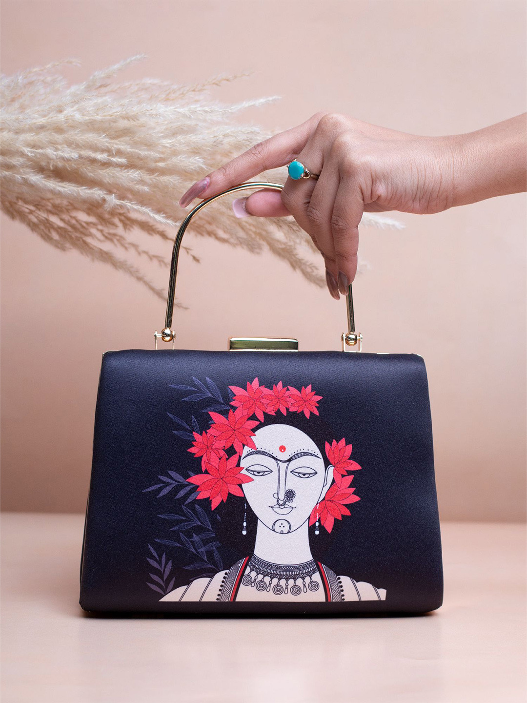 ARTKLIM Floral Lady Portrait Printed Box Clutch