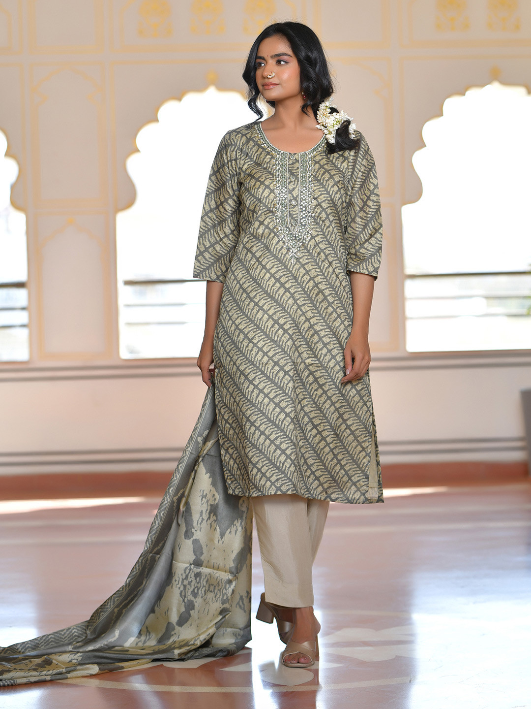 VAASVA JAIPUR Abstract Printed Round Neck Mirror Work Silk Kurta With Trouser & Dupatta