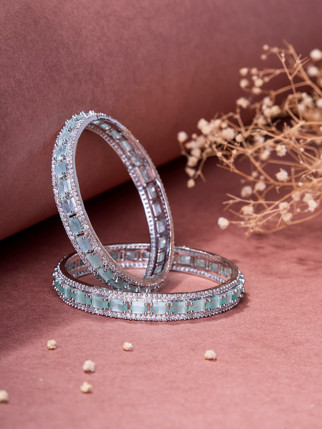 Opal Touch Set Of 2 Rhodium-Plated Crystal Cubic Zirconia -Studded Bangles