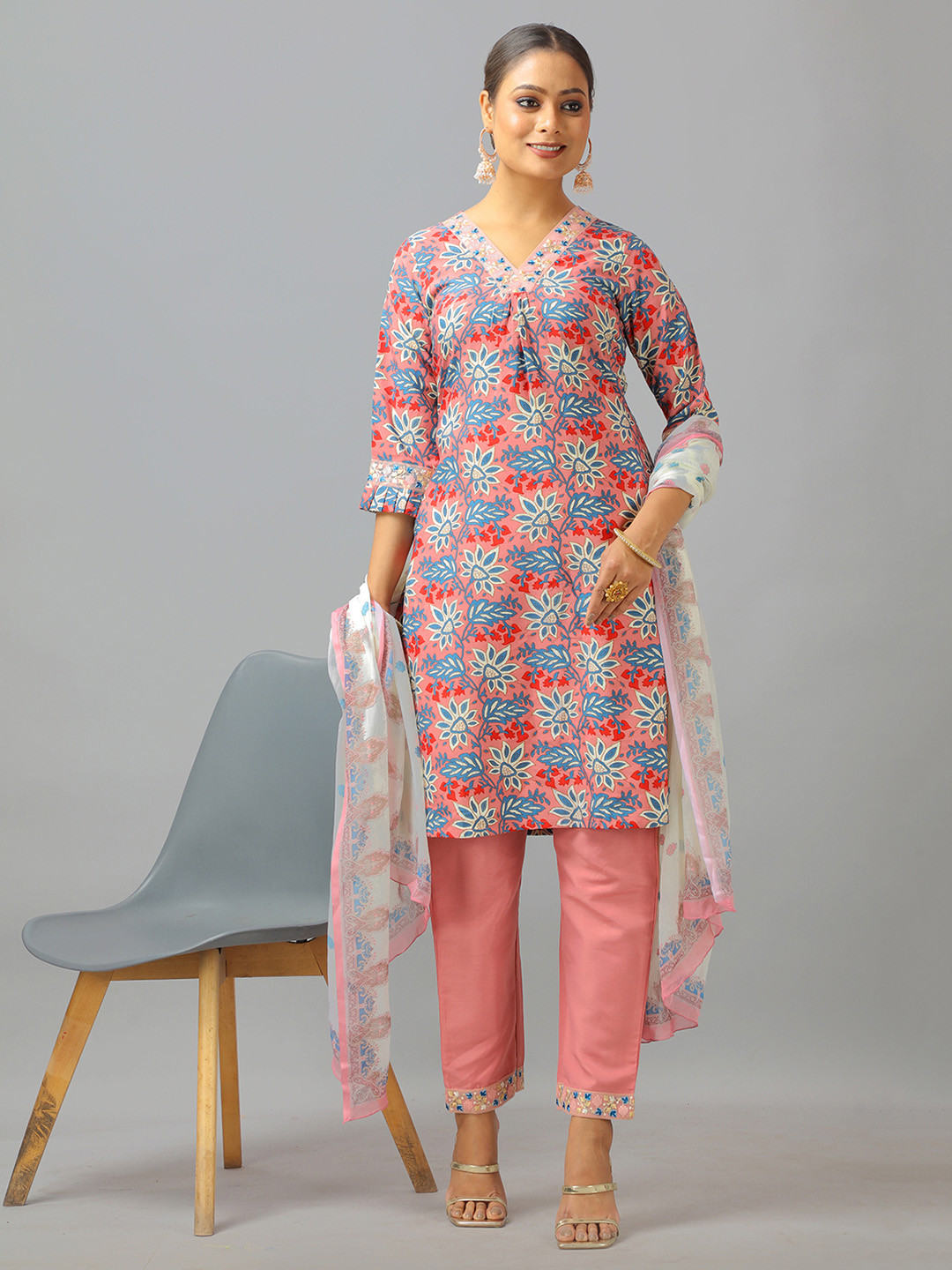 Ethnovog Floral Printed V-Neck Art Silk A-Line Kurta With Trousers & Dupatta
