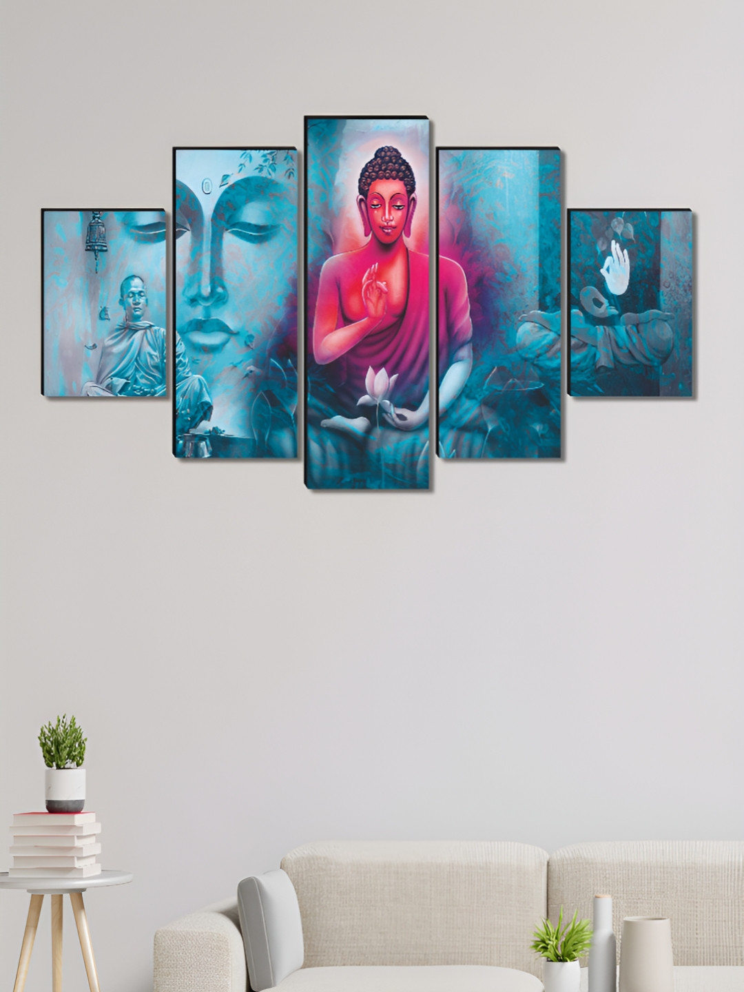 Myntra Elegant Homes Blue & Pink 5 Pieces Wooden Religious Buddha Painting Wall Arts