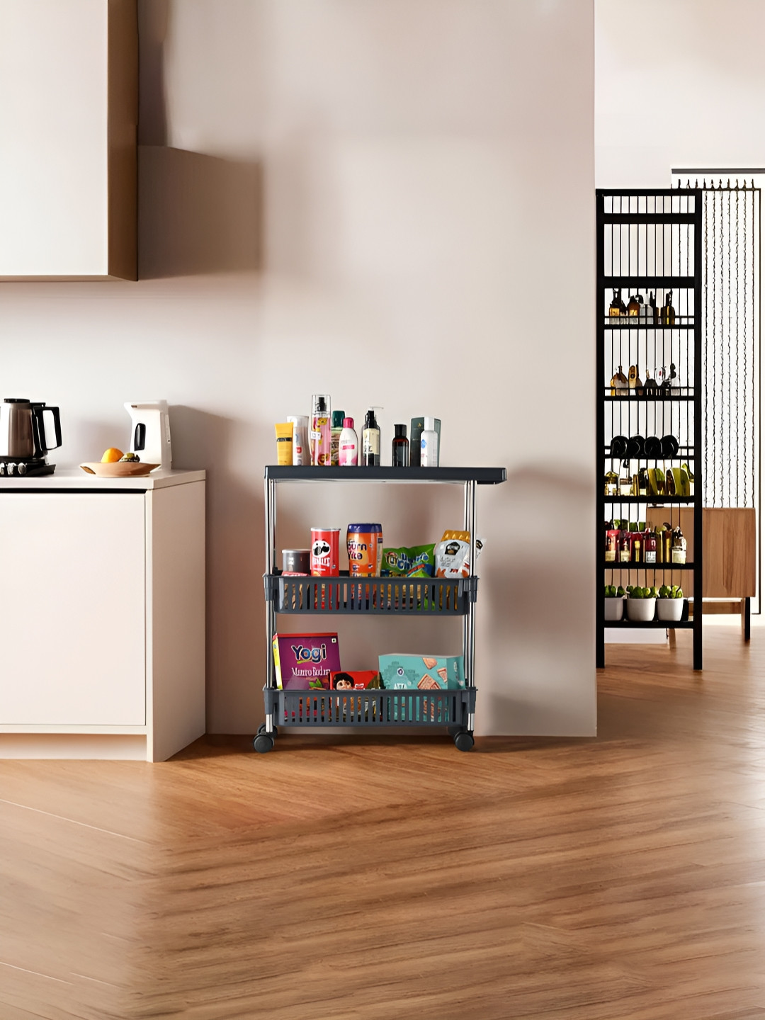 Aura Grey & Steel 3-Layer Multipurpose Storage Rack with Wheels