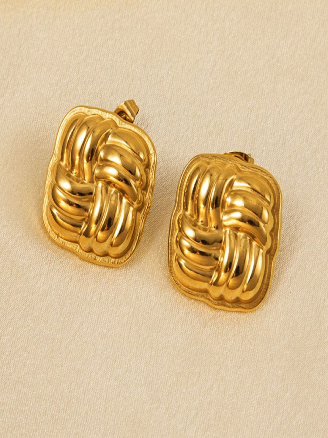 AQUASTREET 18K Gold Plated Waterproof Anti-Tarnish Square Ribbed Folded Design Studs