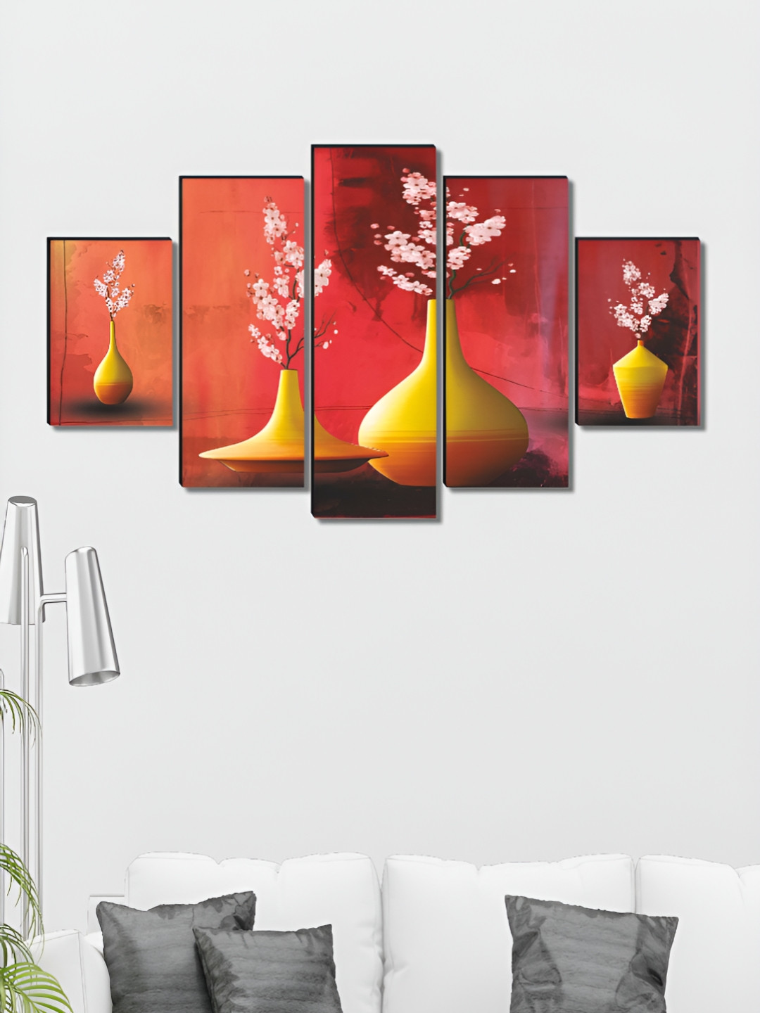 Myntra Elegant Homes Flower Pot Wood 5 Piece Wall Rectangle Paintings Wall Art -18 x30 In