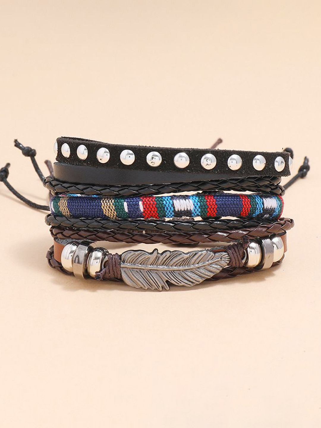 The Roadster Lifestyle Co. Men Silver-Plated Set Of 4 Wraparound Leather Bracelets